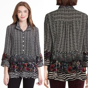 John Mark Mixed Print Ruffle Hem Bell Sleeve Tunic Top Sz M Boho Artsy Button Up